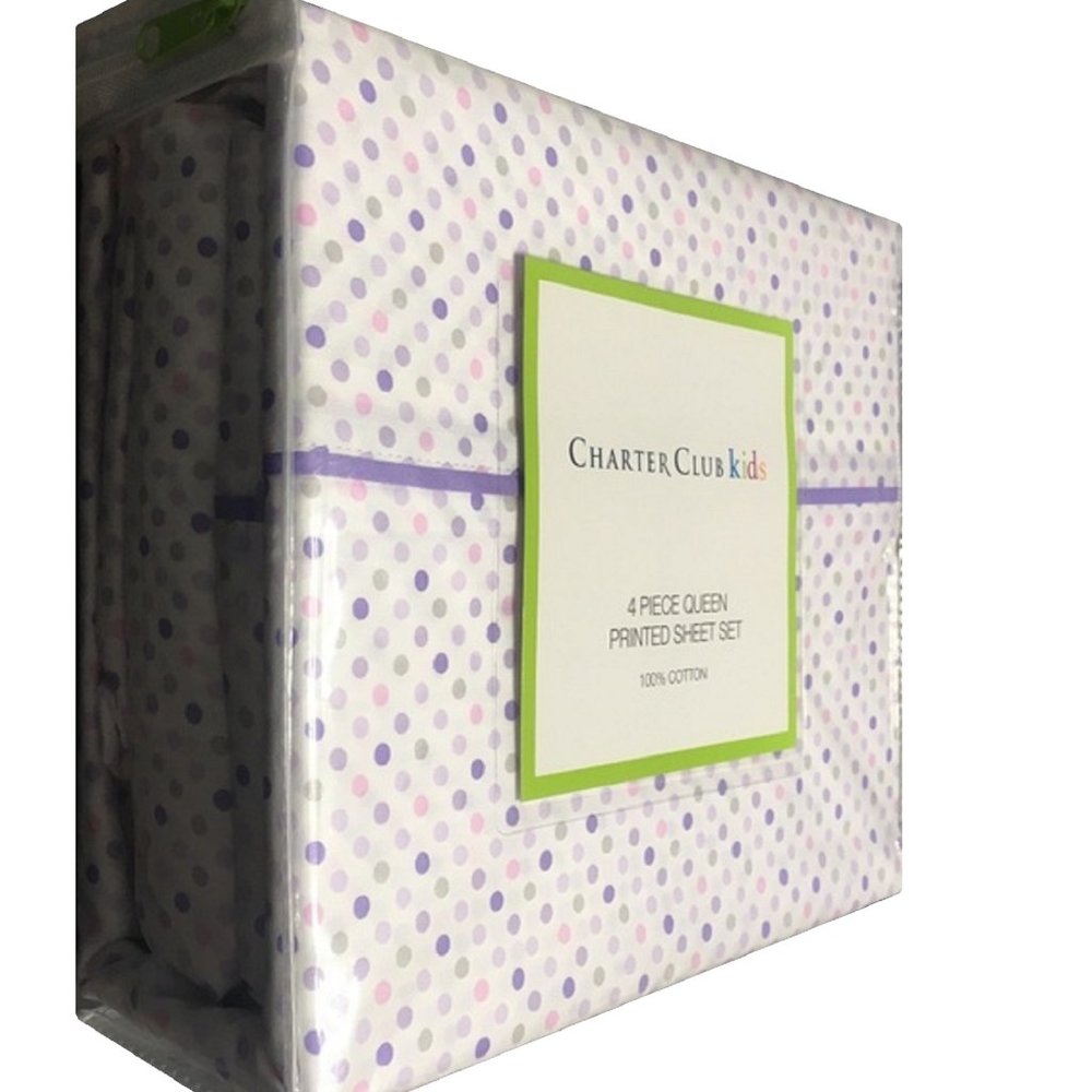 new PURPLE DOTS Charter Club 100% Cotton QUEEN Sheet Set fits 16" Deep Mattress